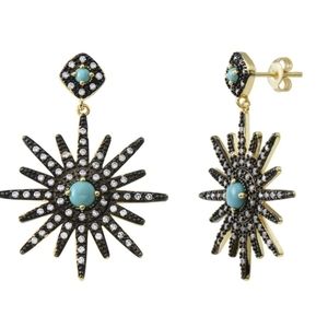 14 Karat Gold Cabochon Turquoise Swarovski  Sunburst Starburst Gunmetal Earings